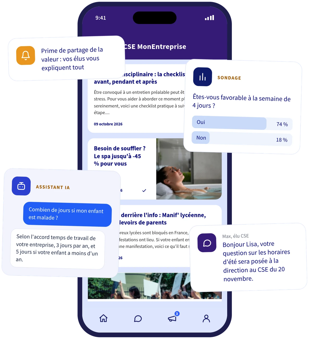 L'application Maviepro sur un téléphone, entourée d'une notification, d'un sondage, d'une question à l'assistant IA et d'un message d'un élu